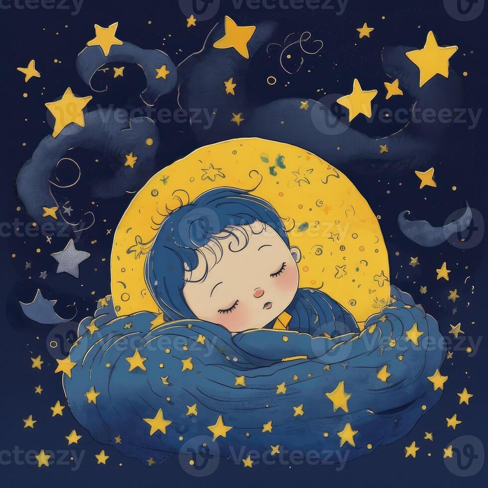 bambino addormentato tra blu cielo, luminosa Luna e stelle, cartone animato con generativo ai foto