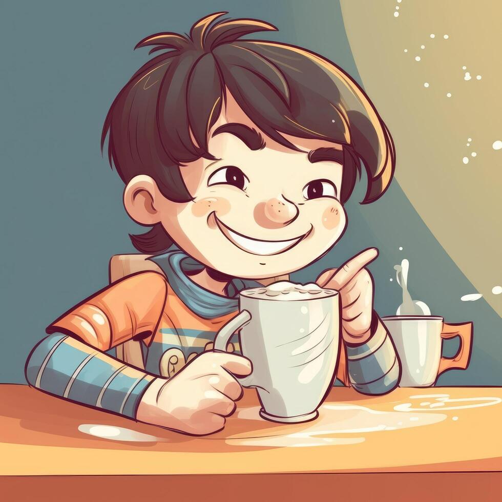 giovane ragazzo potabile latte, cartone animato illustrazione con generativo ai foto