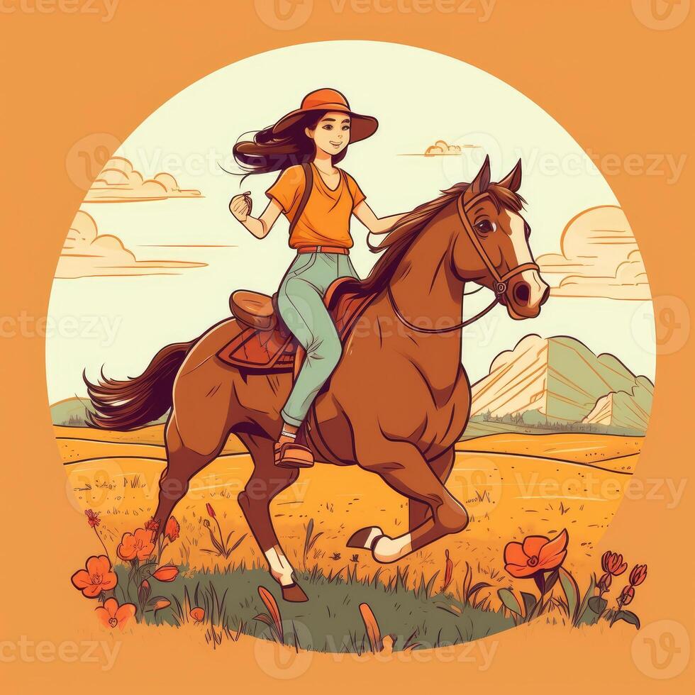 un' ragazza equitazione su un' cavallo, cartone animato illustrazione con generativo ai foto