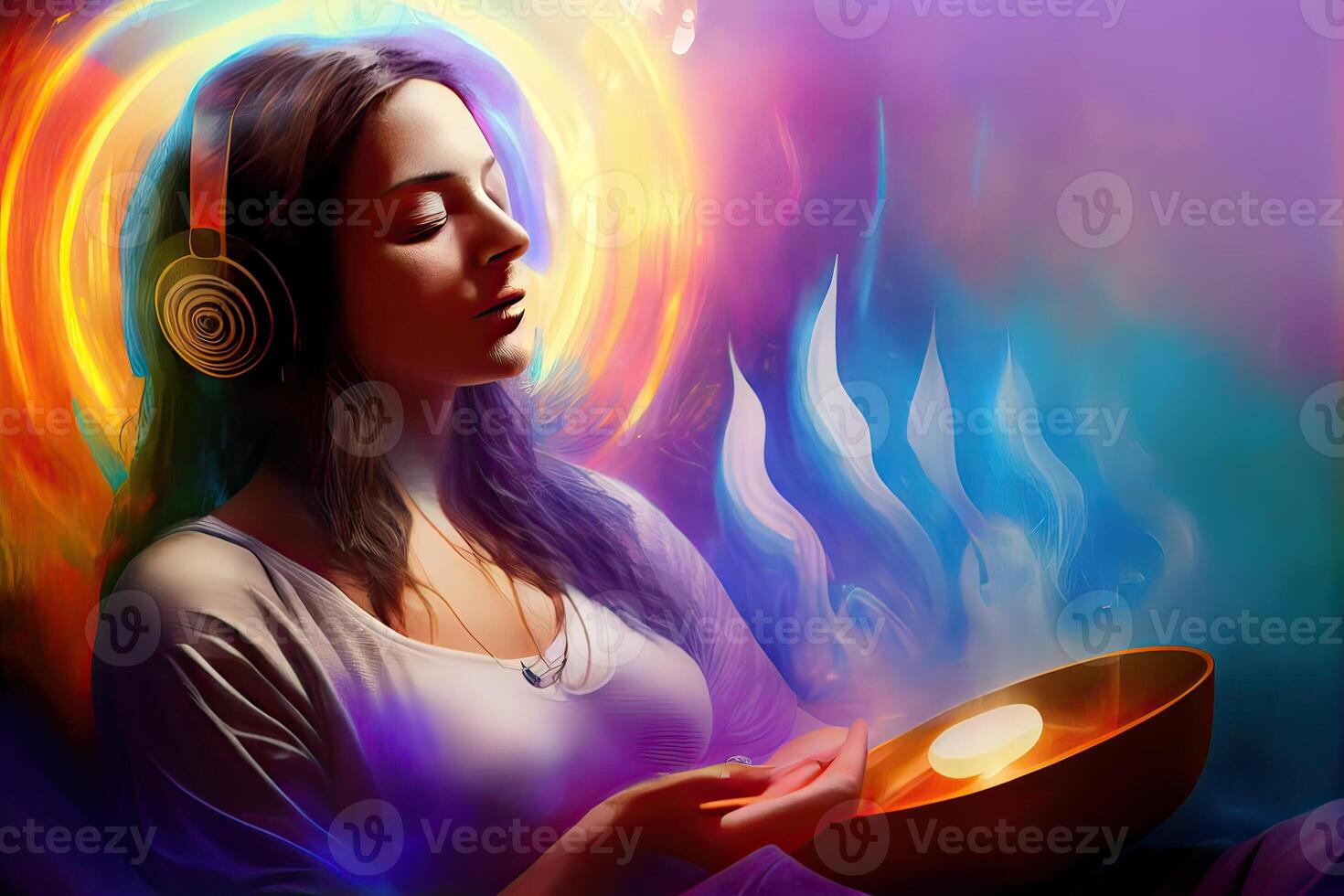 generativo ai illustrazione di donna nel suono guarigione terapia e meditazione e guarigione, usi aspetti di musica per Ottimizzare Salute e bene essendo, può Aiuto il tuo meditazione e rilassamento a casa foto