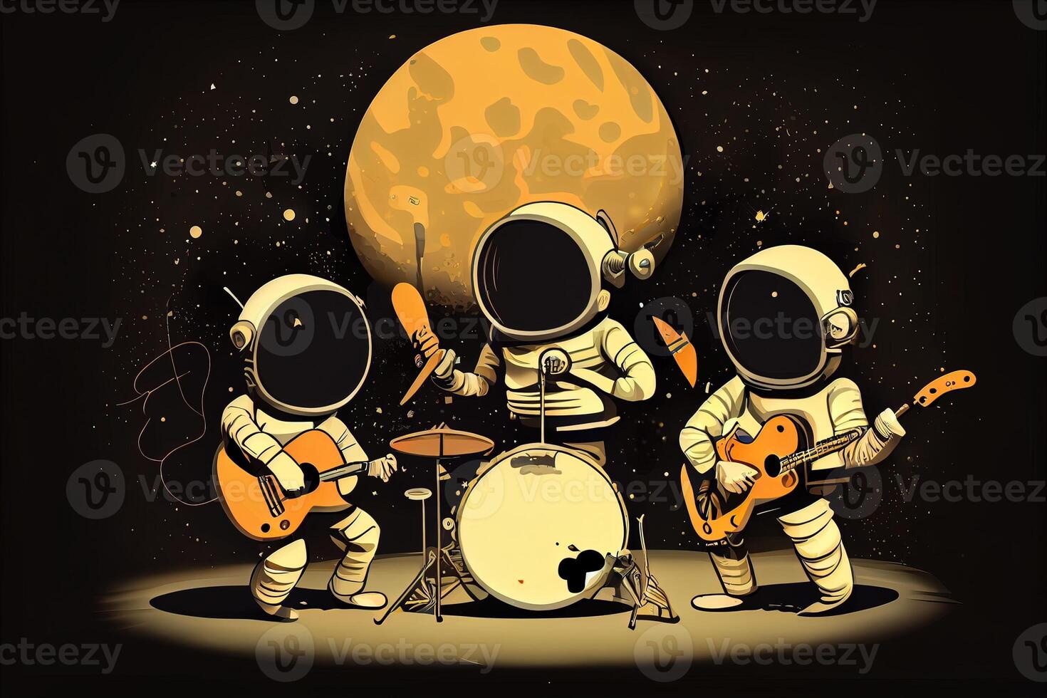 generativo ai illustrazione di un' trio di astronauti fabbricazione musica su il lunare superficie foto