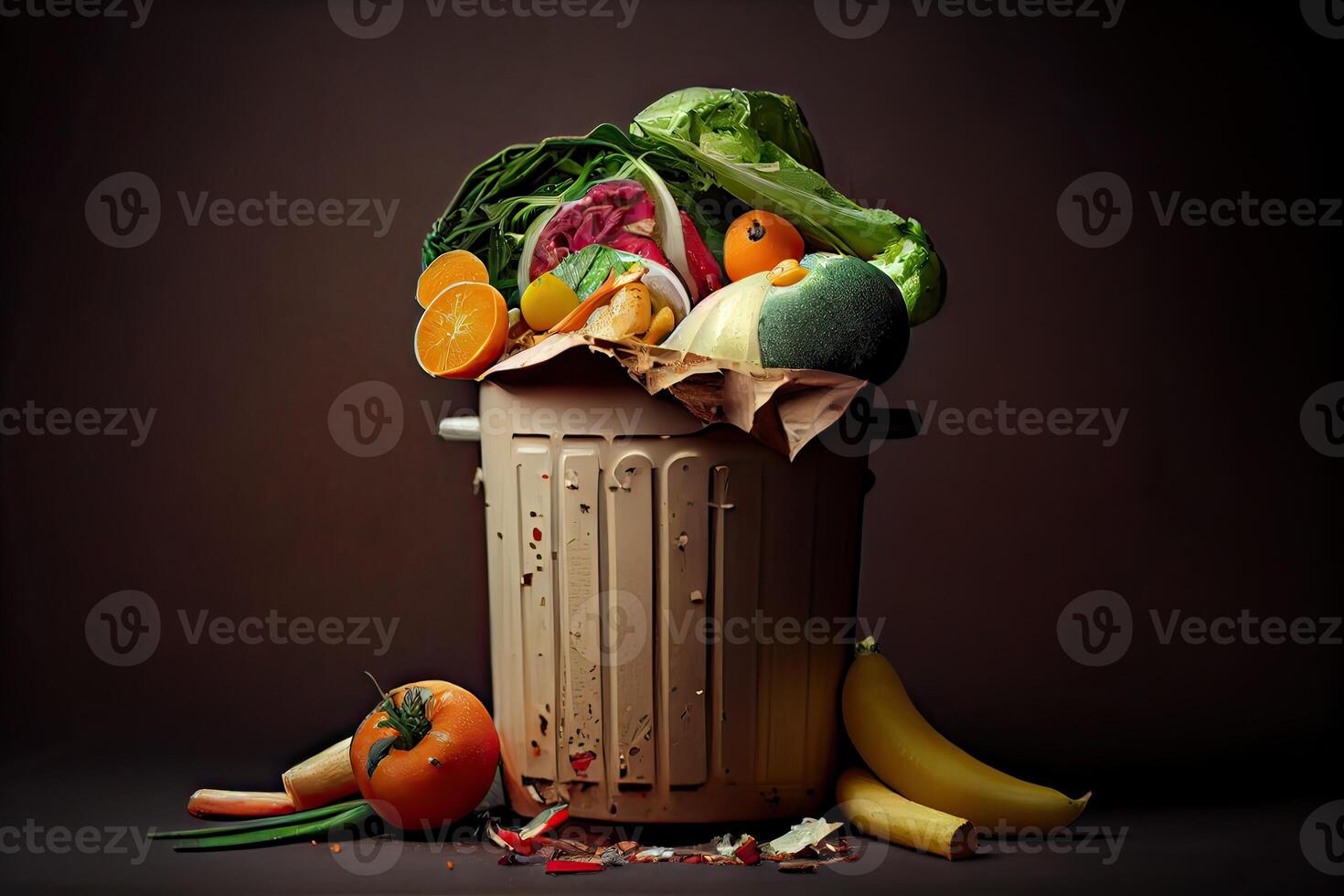 generativo ai illustrazione di inutilizzato, marcio verdure siamo disposto di nel il spazzatura. cibo rifiuto e cibo perdita ottenere sbarazzarsi di cibo rifiuto a casa foto