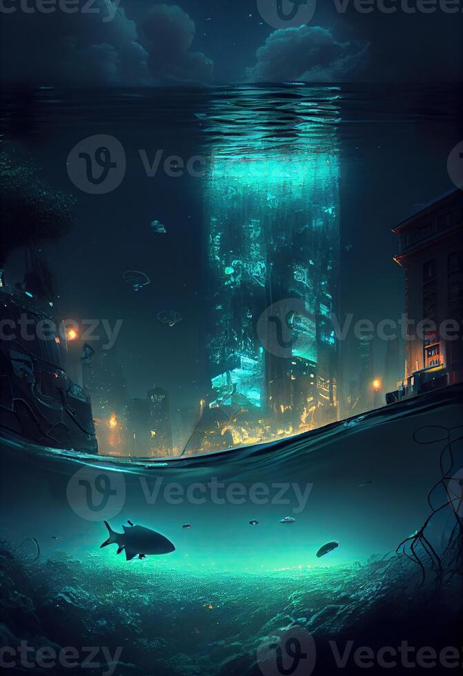 generativo ai illustrazione di bio luminescente città sotto acqua foto