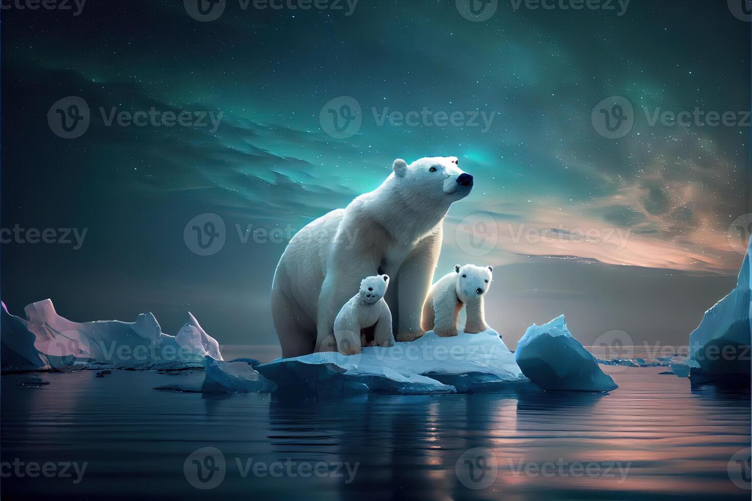 generativo ai illustrazione di famiglia bianca orso su iceberg, aurora cielo foto