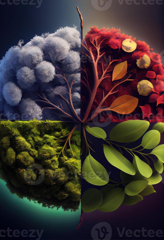 generativo ai illustrazione di il quattro temporale le stagioni nel uno viso, uno telaio, uno albero. natura concetto. digitalmente generato Immagine foto