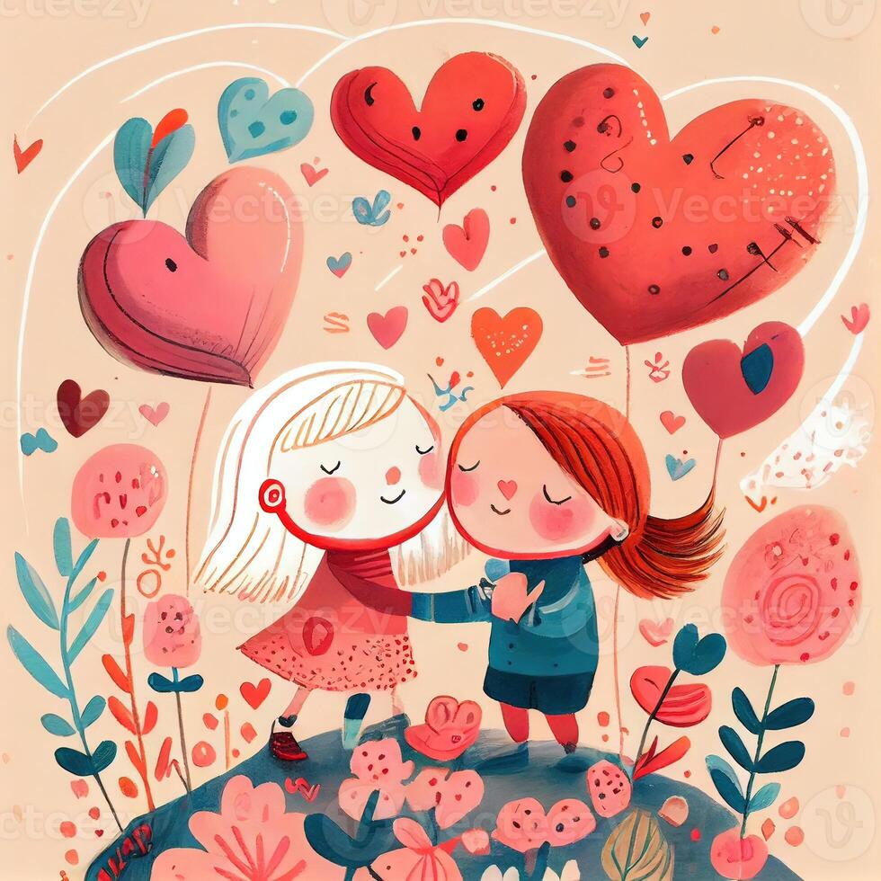 generativo ai illustrazione di un adorabile e accattivante cartone animato personaggio per San Valentino giorno, amore, cuori, fiori, romanza, felice, allegro, gioioso, divertimento, giocoso, spensierato, dolce foto