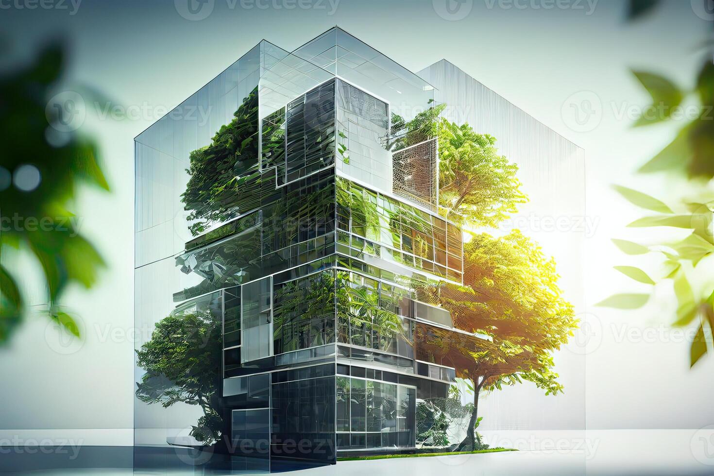 generativo ai illustrazione di eco amichevole costruzione nel un' contemporaneo metropoli. un' sostenibile bicchiere edificio con verde albero rami e le foglie per abbassamento calore e carbonio biossido. foto