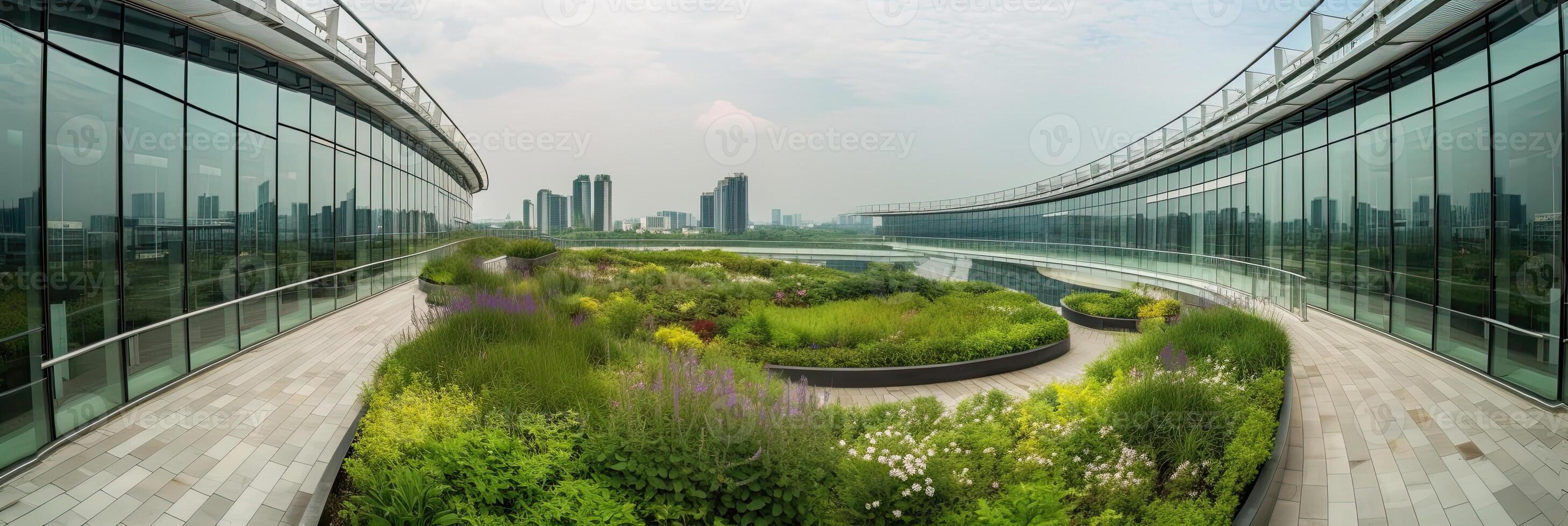 generativo ai illustrazione di bellissima giardino su il tetto di un' contemporaneo bicchiere ufficio edificio nel Asia foto