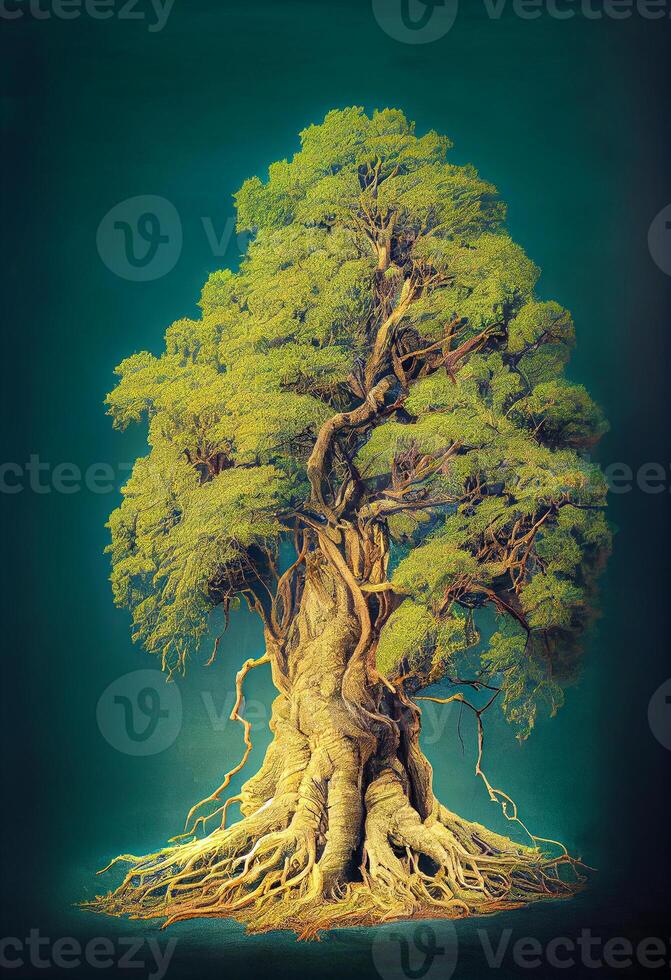 generativo ai illustrazione di vecchio grande verde albero con radici, su asciutto terra, albero di terra e vita, Magia tree.digital arte, natura concetto. foto