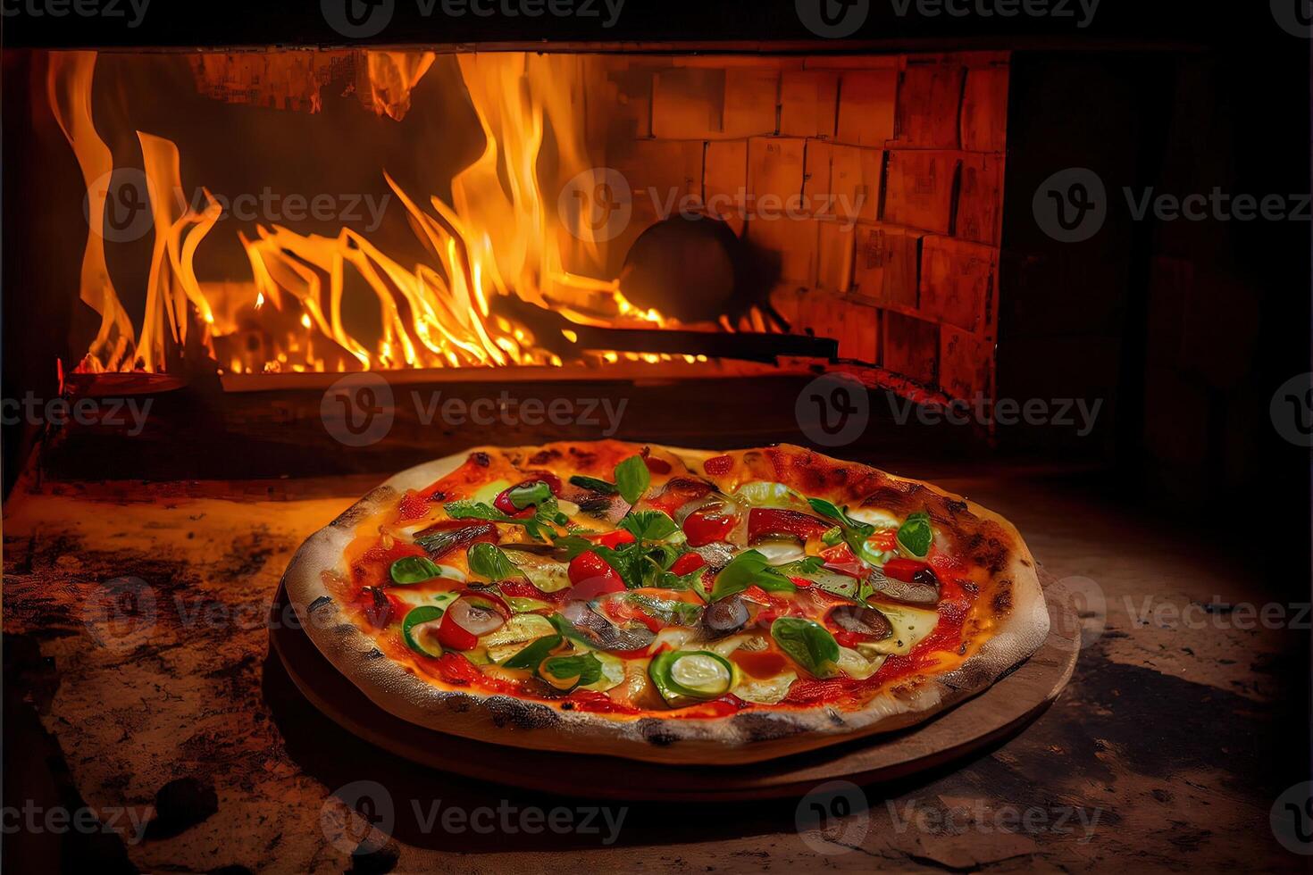 generativo ai illustrazione di italiano Pizza è cucinato nel un' a legna forno. foto