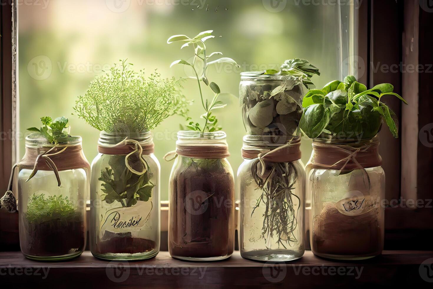 generativo ai illustrazione di diverso erbe aromatiche in crescita nel barattoli su un' finestra, Compreso basilico, saggio, erba cipollina, prezzemolo, origano, e timo foto