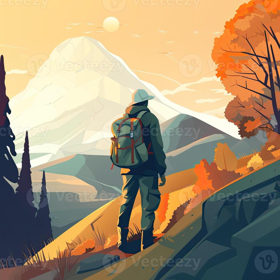 illustrazione su il tema di arrampicata, trekking, escursionismo, e a passeggio. gli sport, all'aperto ricreazione, avventure nel natura, vacanza. voglia di viaggiare. scalata di marcia. moderno piatto design. generativo ai foto