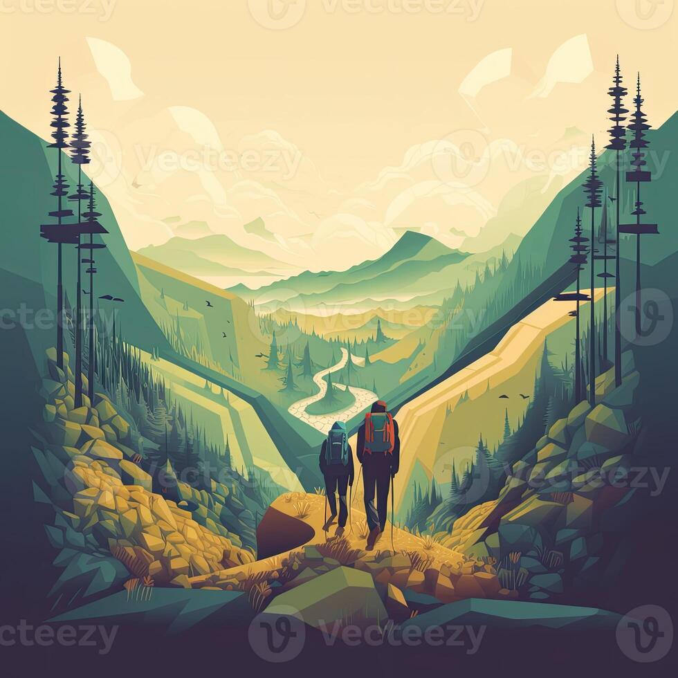 illustrazione su il tema di arrampicata, trekking, escursionismo, e a passeggio. gli sport, all'aperto ricreazione, avventure nel natura, vacanza. voglia di viaggiare. scalata di marcia. moderno piatto design. generativo ai foto