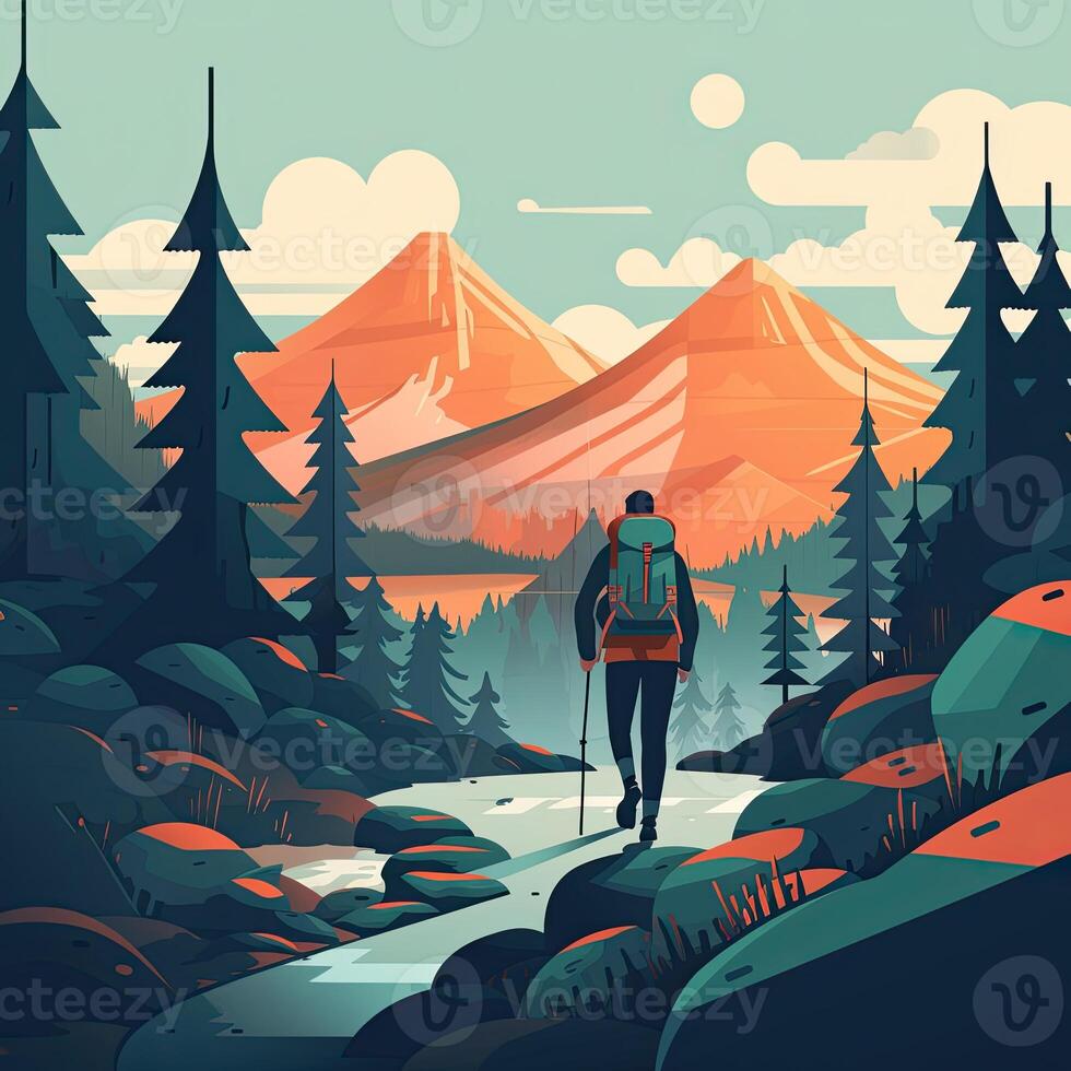 illustrazione su il tema di arrampicata, trekking, escursionismo, e a passeggio. gli sport, all'aperto ricreazione, avventure nel natura, vacanza. voglia di viaggiare. scalata di marcia. moderno piatto design. generativo ai foto