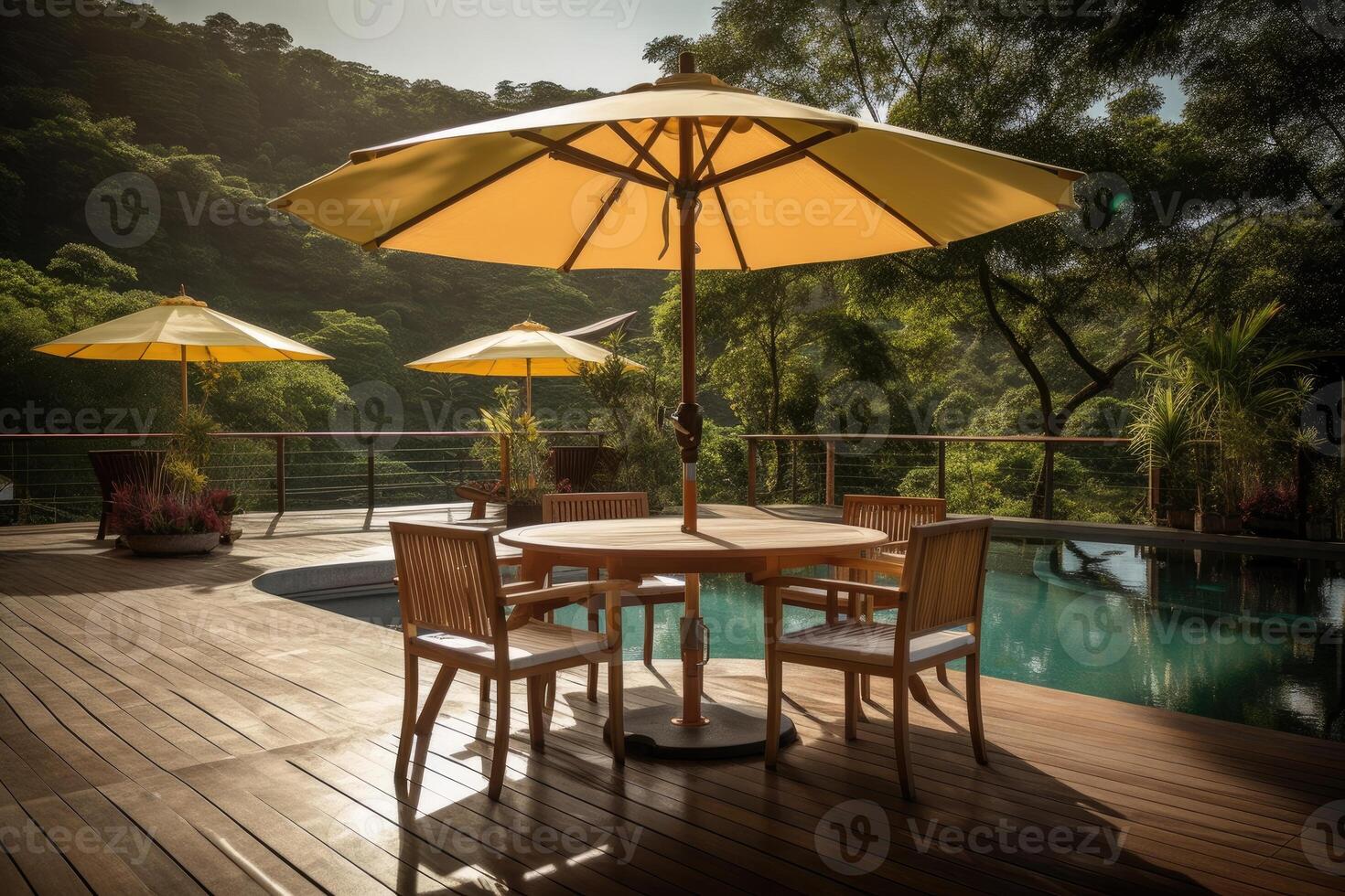 lusso villa mostrare casa a tropicale estate vacanza ricorrere con nuoto piscina e sole sedie nel giardino. generativo ai foto