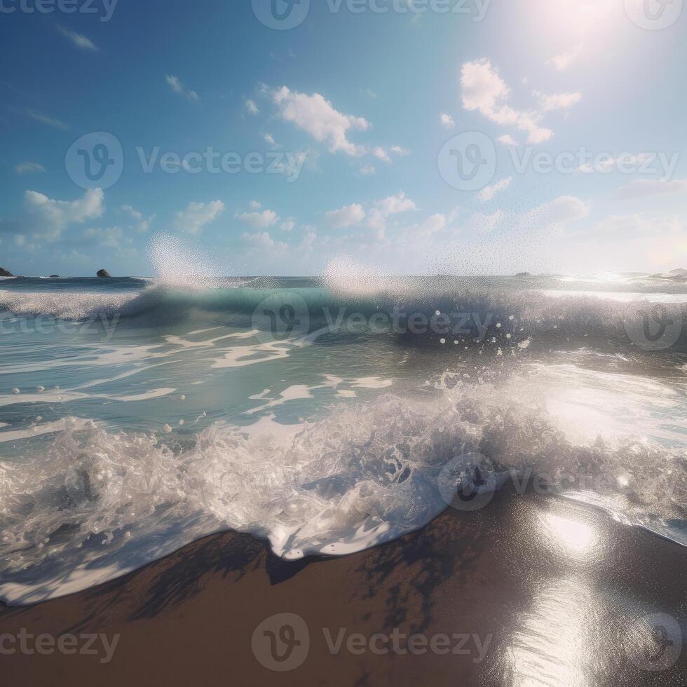 avvicinamento tiro di bellissimo mare onde. spiaggia sabbia e sorprendente mare. estate tramonto paesaggio marino. morbido luce del sole, chiaro cielo, onde e acqua schizzi. generativo ai foto