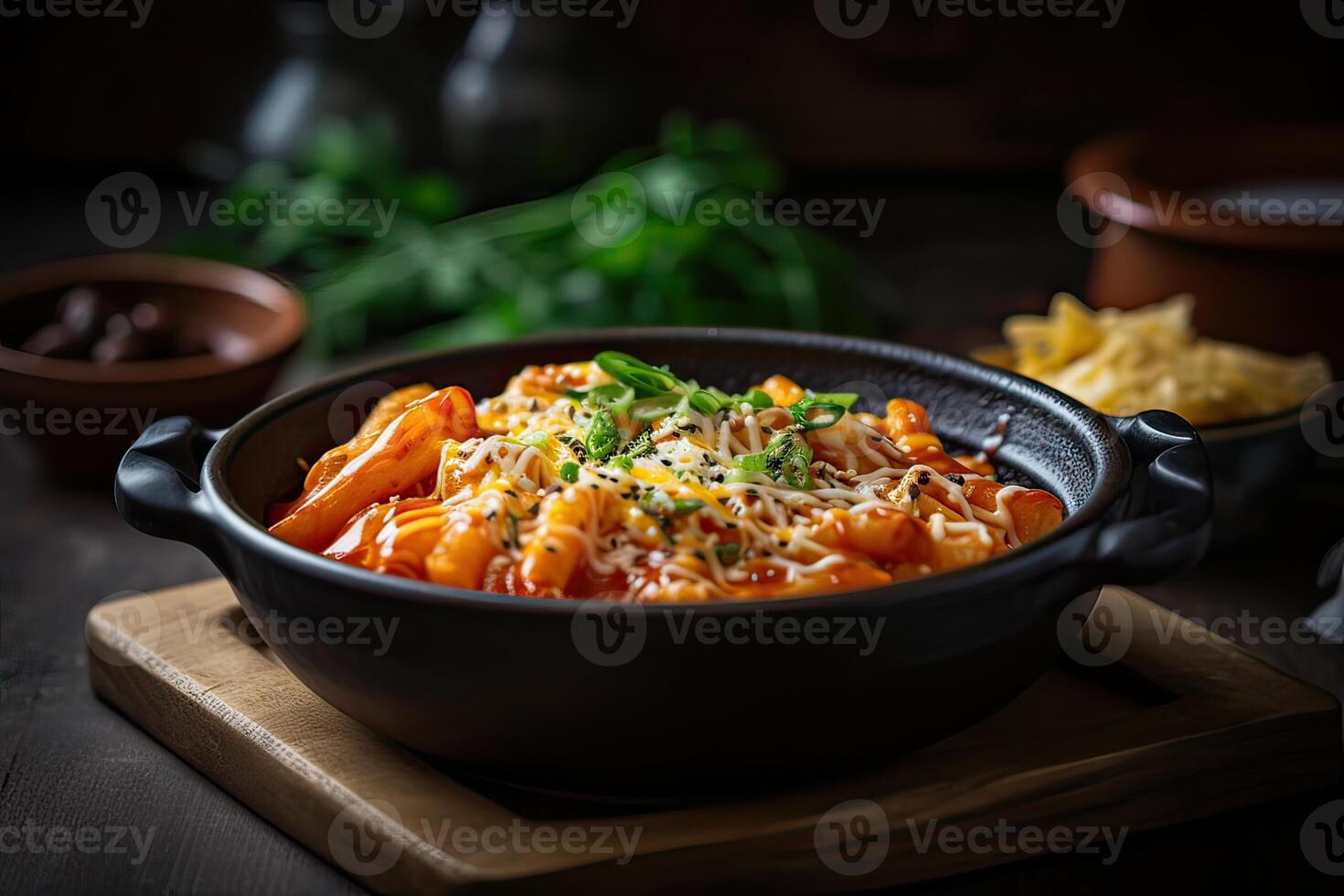 lato Visualizza di formaggio tokbokki coreano tradizionale cibo su nero tavola sfondo. pranzo piatto. generativo ai. foto