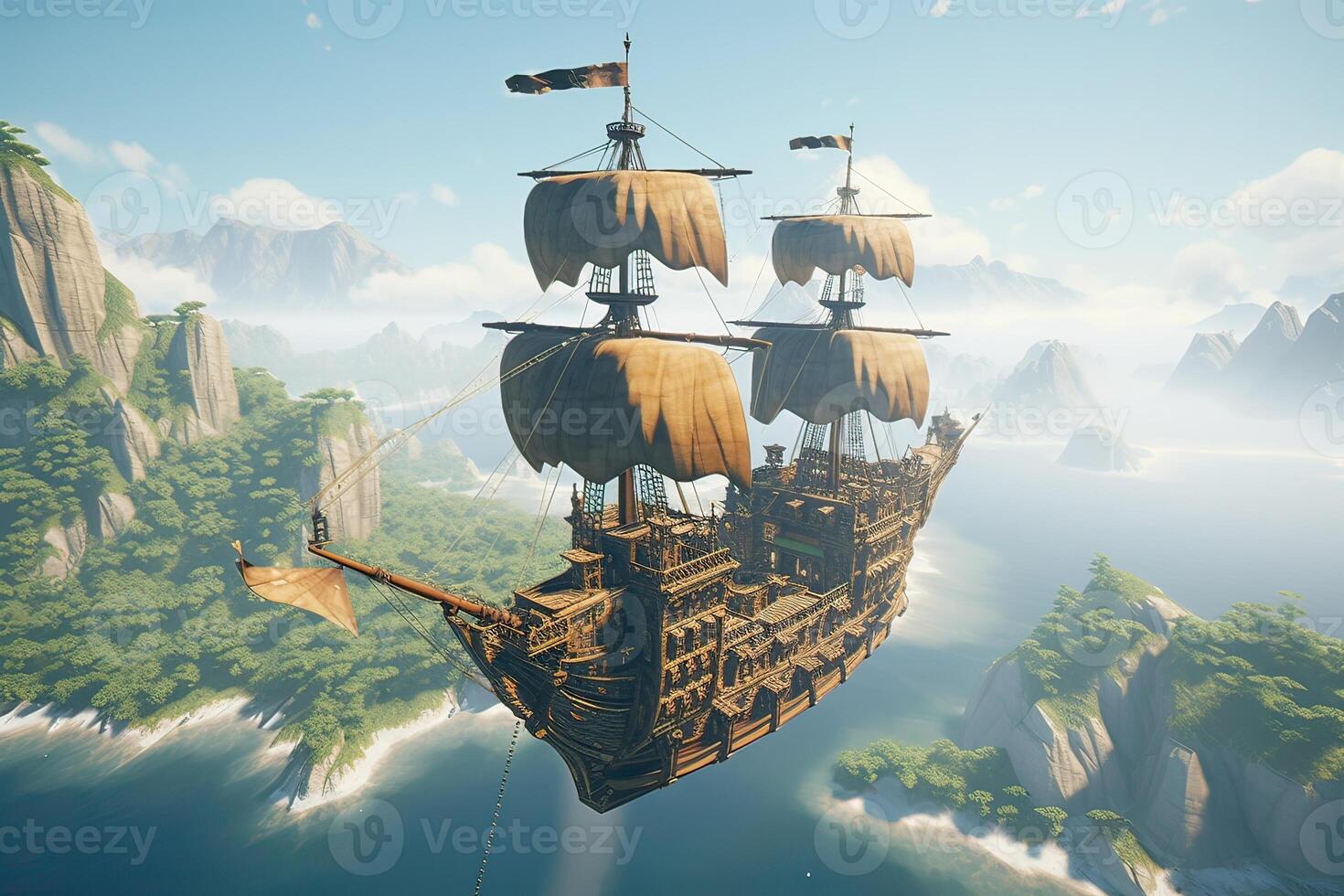 3d illustrazione futuristico di un' pirata nave andare in barca su il cielo. generativo ai. foto