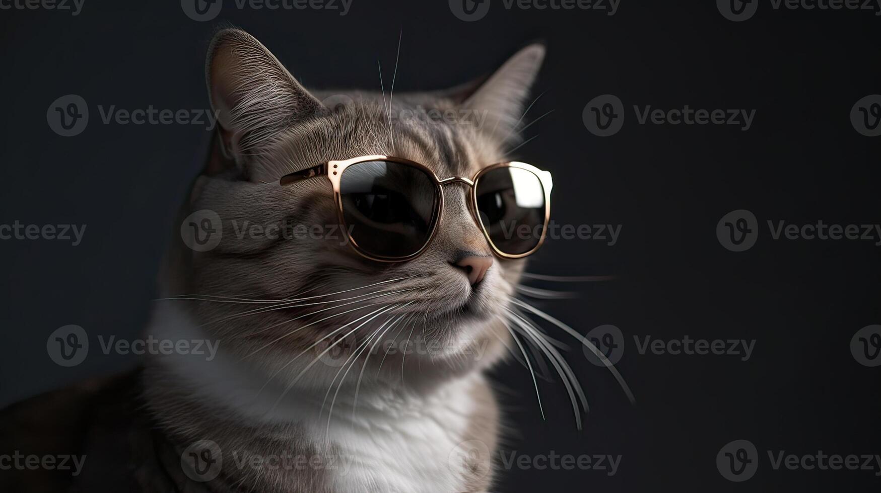 divertente studio tiro di freddo gatto indossare occhiali da sole su grigio sfondo con copia spazio. generativo ai. foto
