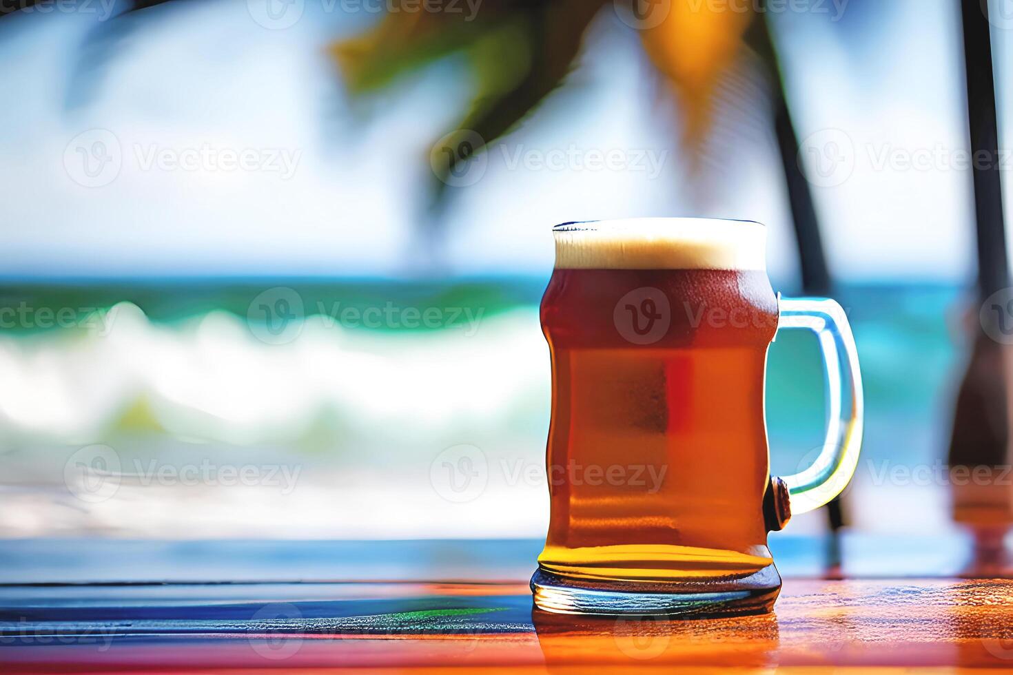 avvicinamento birra boccale con tropicale estate sfocatura spiaggia sfondo, generativo ai foto