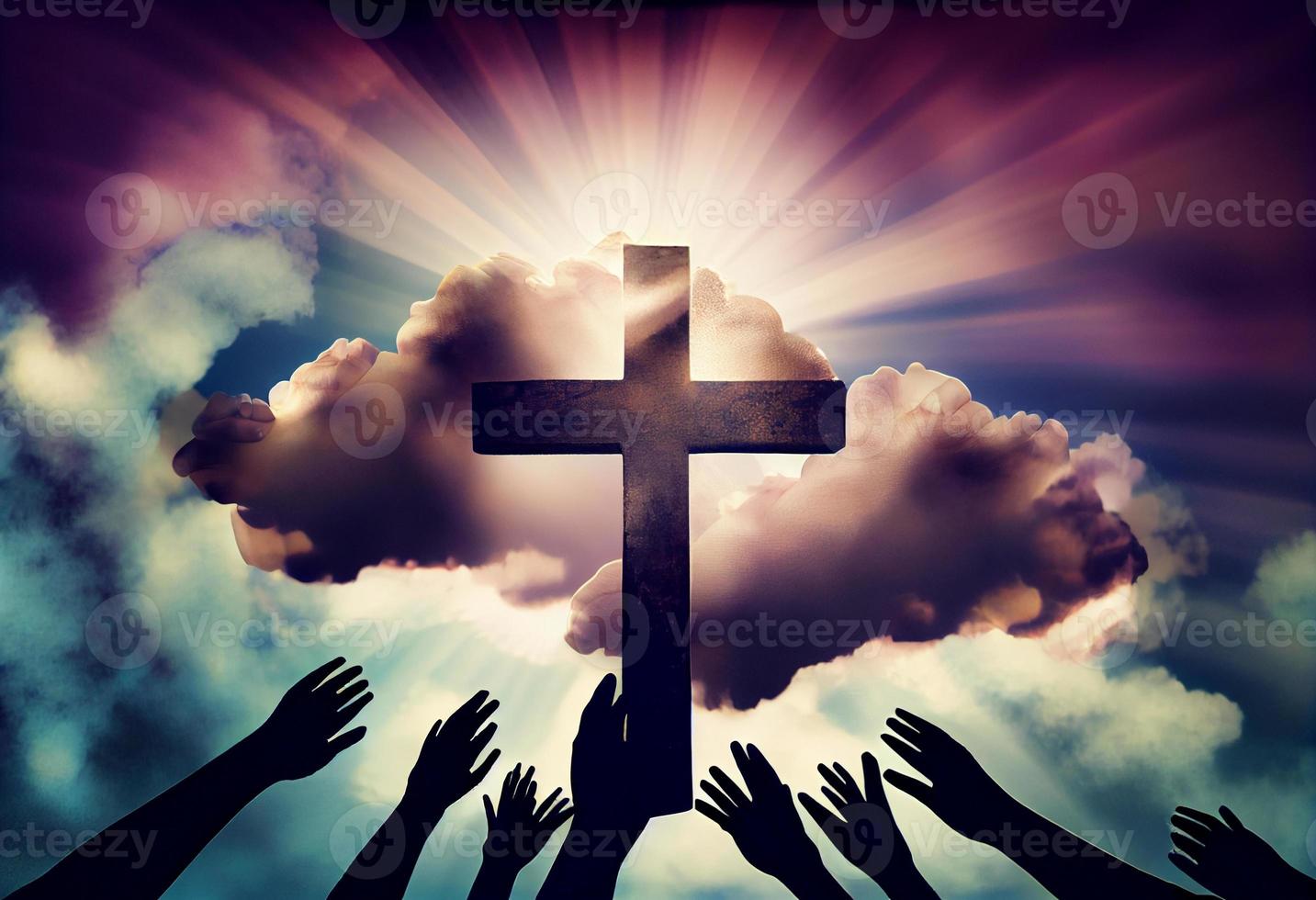 culto concetto. cristiano persone mano nel mano al di sopra di attraversare su spirituale cielo sfondo . creare ai. foto