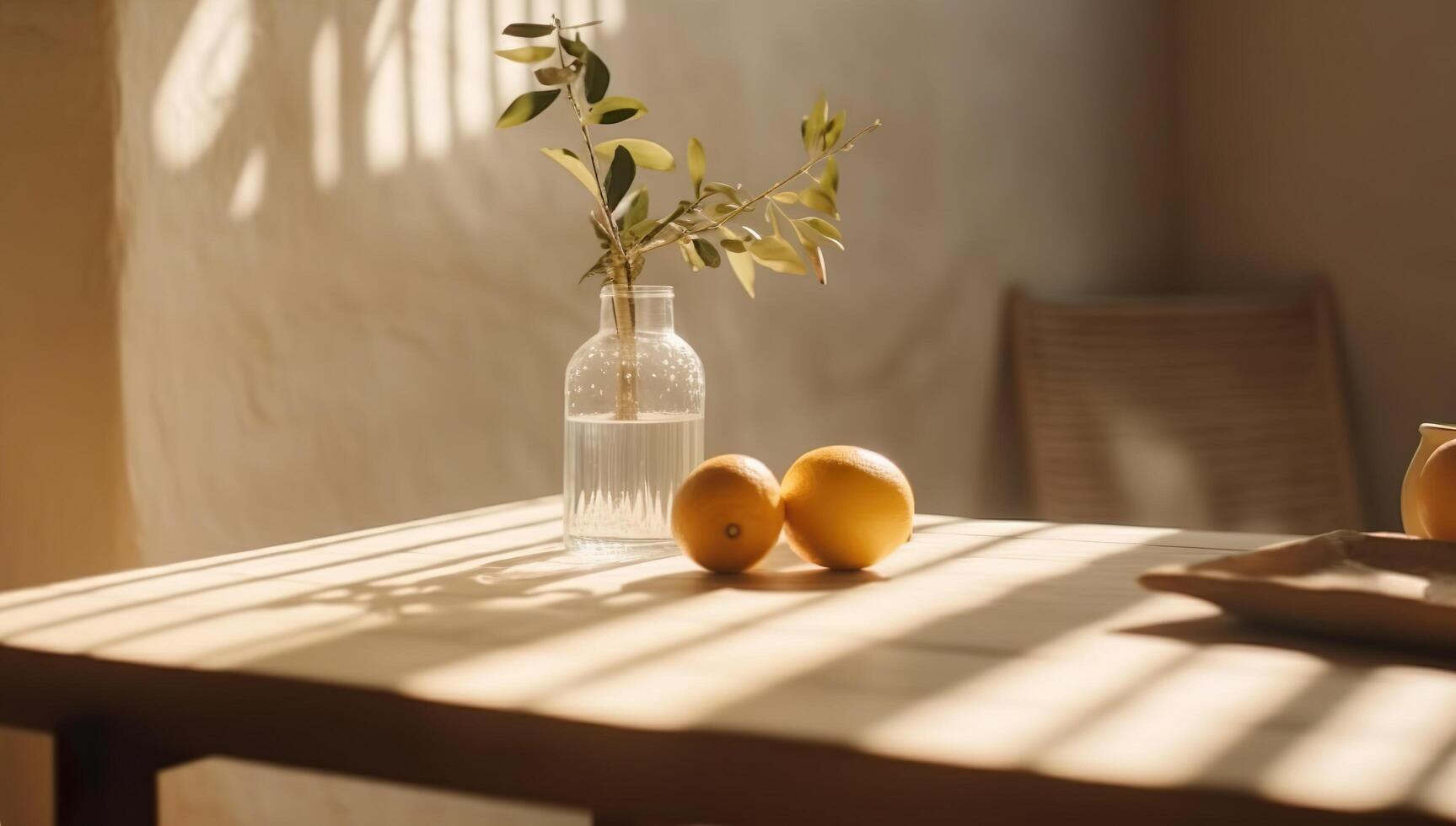 moderno interno stile di vita mediterraneo nel estate scena, pianta con frutta su tavolo con leggero e ombra nel cenare camera, generativo ai foto