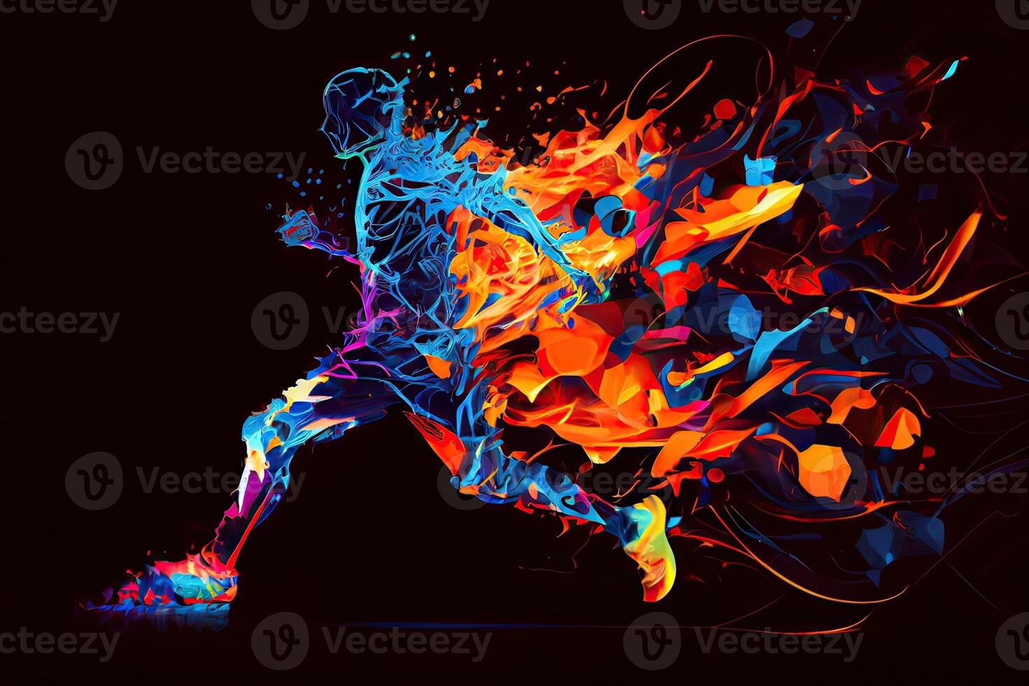 generativo ai illustrazione di il essenza di un' calcio giocatore nel movimento come essi calcio un' palla con intenso energia, circondato di vivace colori e spruzzi foto