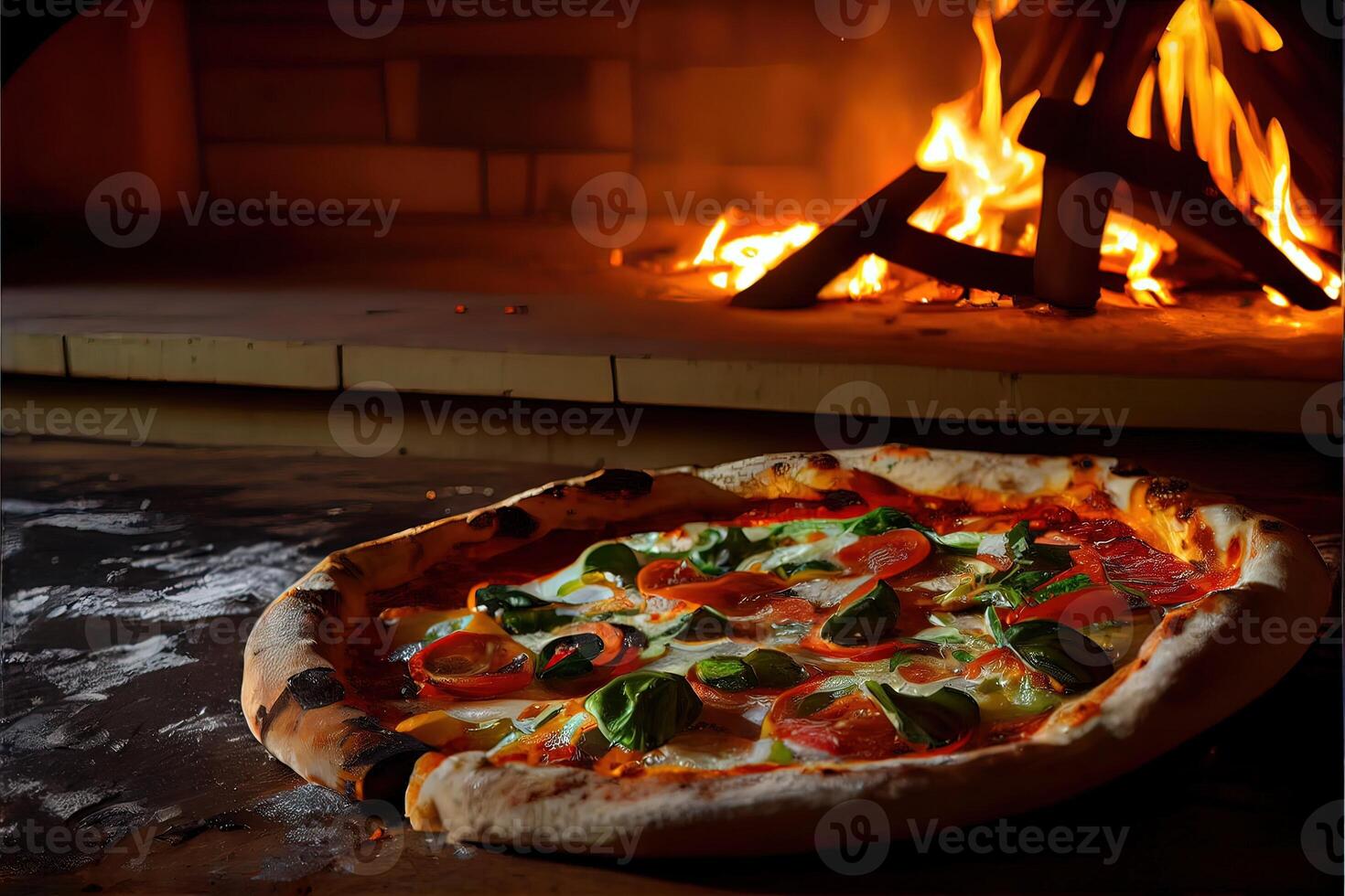 generativo ai illustrazione di italiano Pizza è cucinato nel un' a legna forno. foto