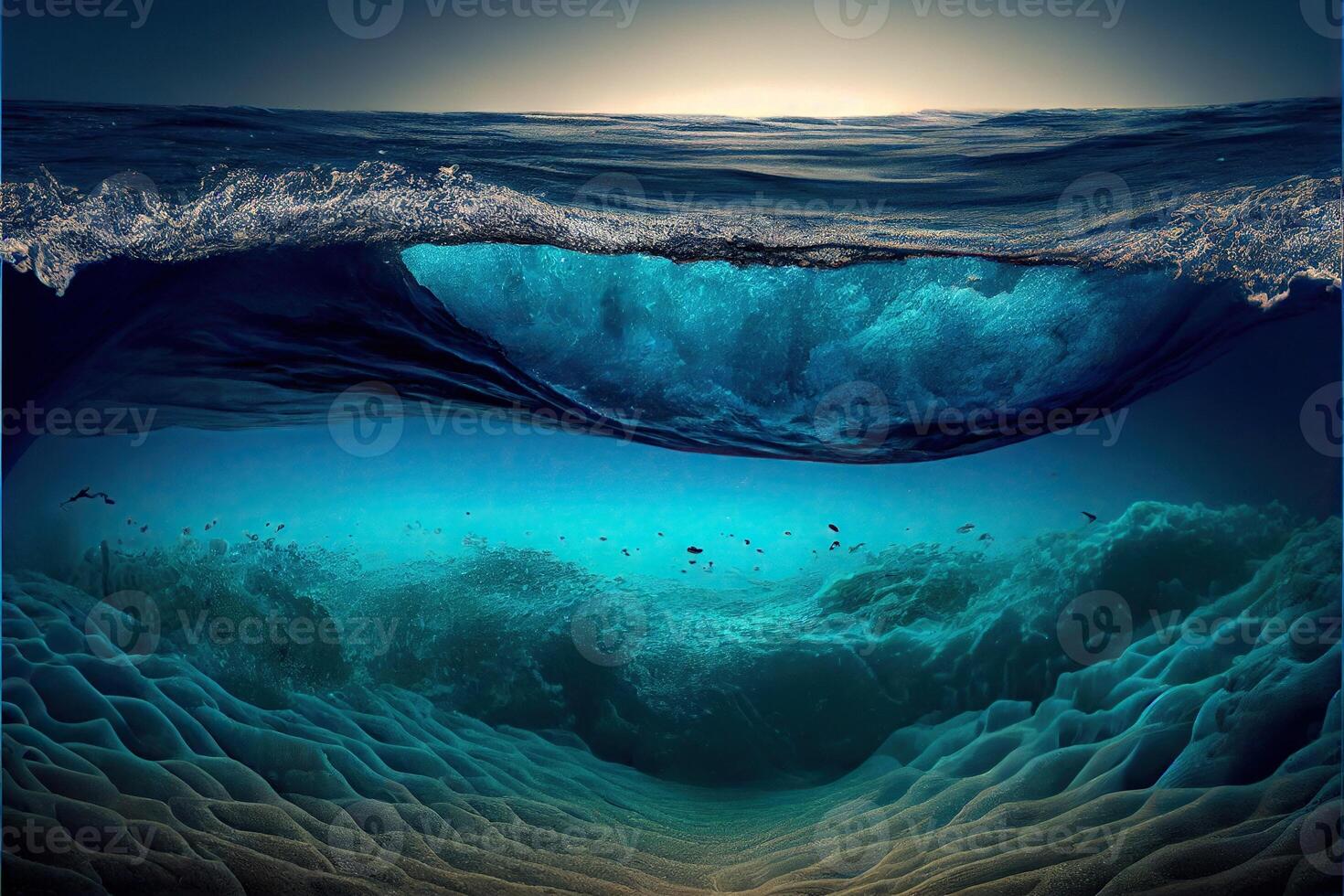 generativo ai illustrazione di oceano profondità. subacqueo vuoto paesaggio, oceano parte inferiore, mare onda foto