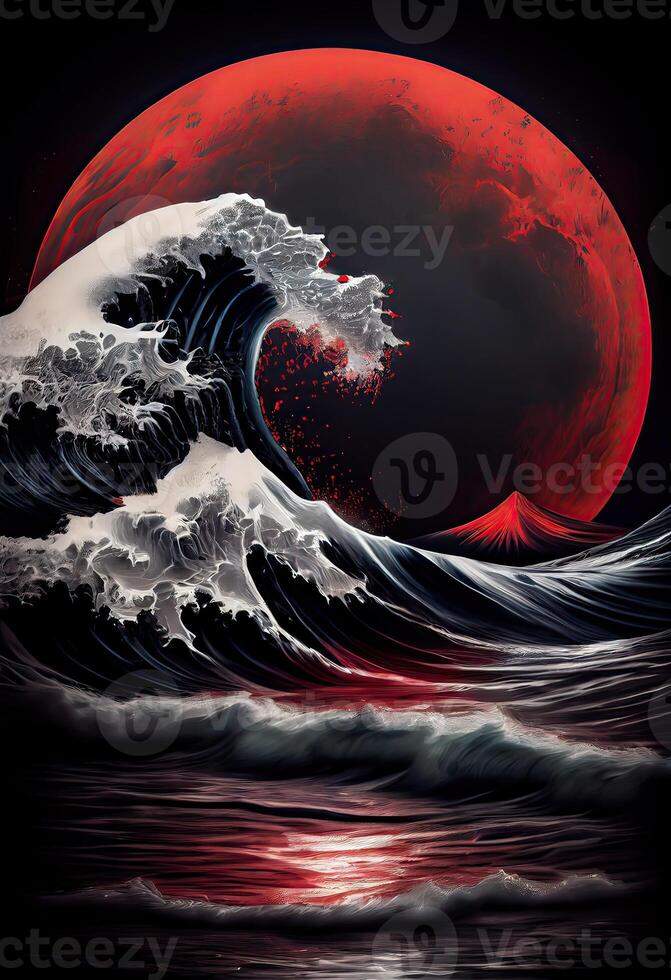 generativo ai illustrazione di un' mare buio notte paesaggio. rosso chiaro di luna riflessa nel il onde di il oceano. mare tempestoso onda con schiuma, giapponese arte stile foto