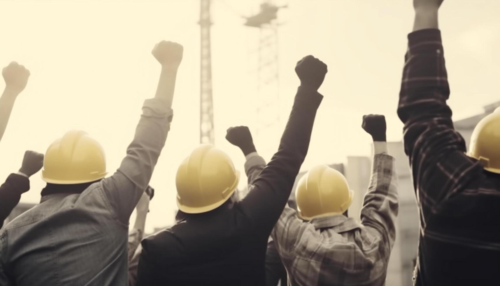 costruzione lavoratori aumentare loro mani nel il aria lavoro duro e faticoso giorno, ai generativo foto