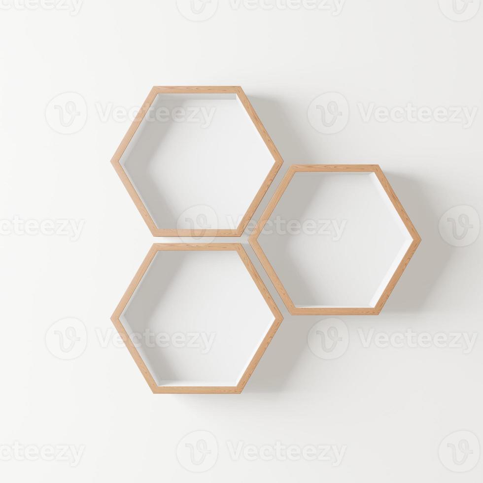 mensola esagonale in legno con copia spazio per mockup su sfondo isolato foto