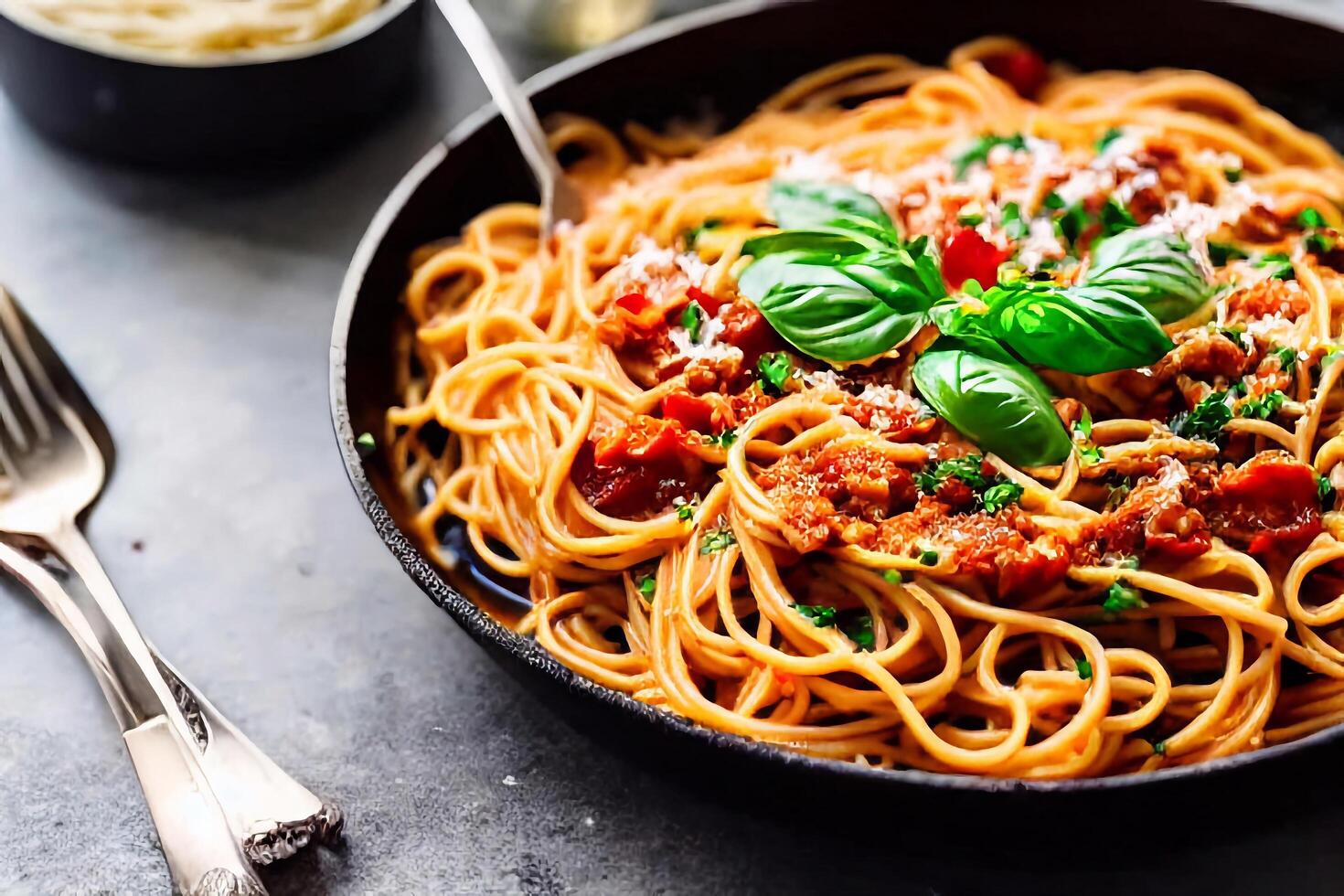 spaghetti su il piatto con ai generato foto