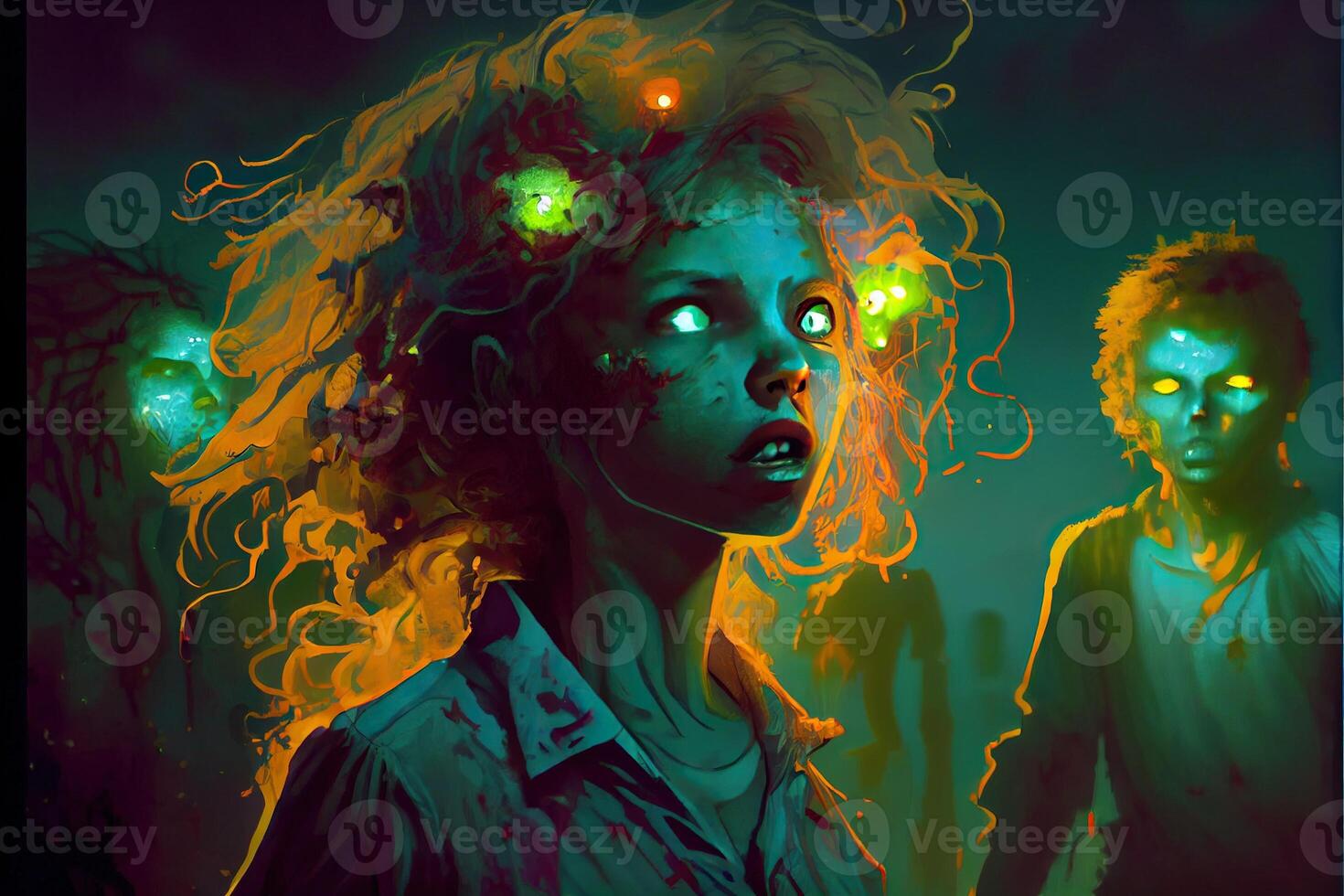 generativo ai illustrazione di il fatto quello il zombie erano naturalmente bioluminescente fatto il tesori di loro stranamente bellissimo a notte foto