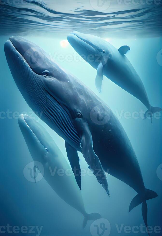 generativo ai illustrazione di famiglia blu balena sotto acqua, oceano foto