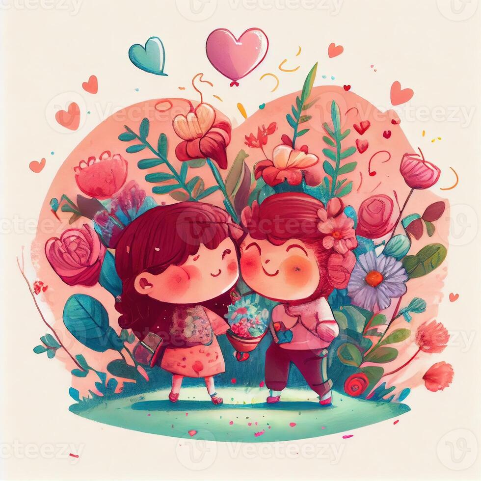 generativo ai illustrazione di un adorabile e accattivante cartone animato personaggio per San Valentino giorno, amore, cuori, fiori, romanza, felice, allegro, gioioso, divertimento, giocoso, spensierato, dolce foto