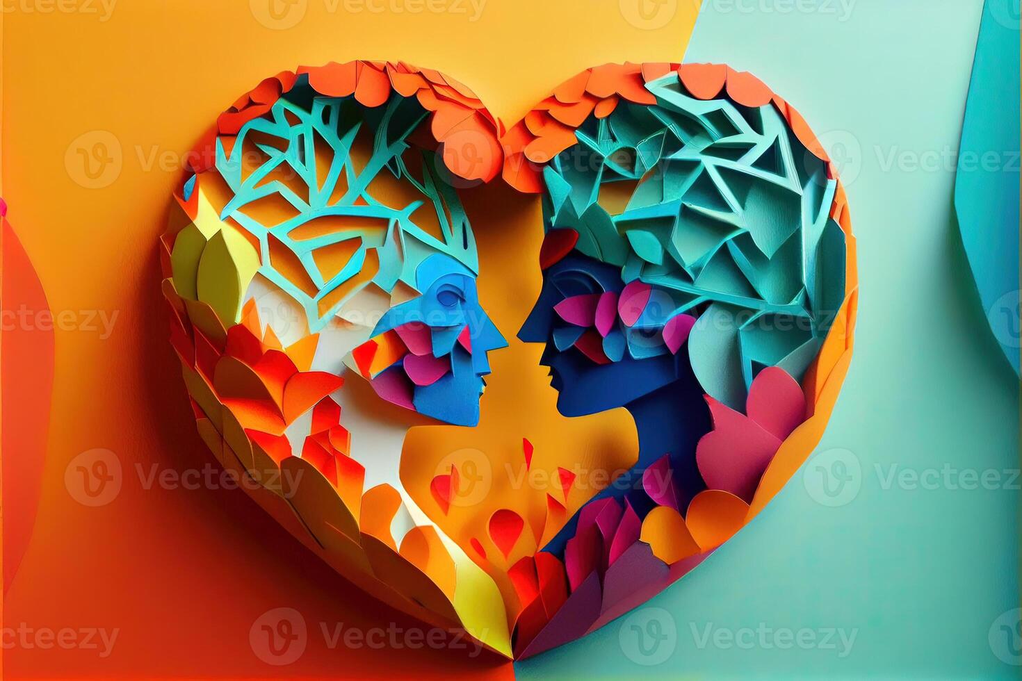 generativo ai illustrazione di origami San Valentino giorno sfondo, contento coppia, colorato. carta tagliare mestiere, 3d carta stile. neurale Rete generato arte. digitalmente generato Immagine foto