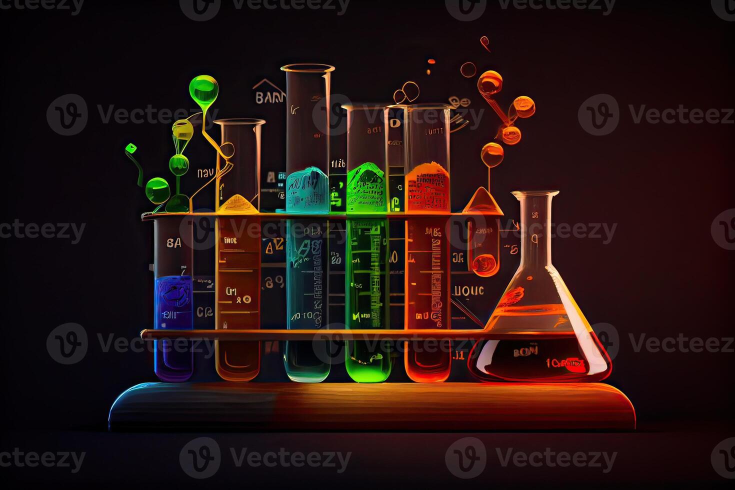 generativo ai illustrazione di il periodico grafico siamo test tubi e fiaschi Usato nel laboratori con colorato liquidi foto