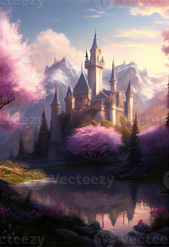 generativo ai illustrazione di magico terra di incantata foreste, castello, scintillante cascate e lussureggiante prati, lago e Fata coda foto