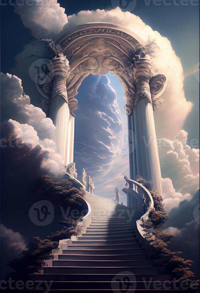 generativo ai illustrazione di un' sbalorditivo scala quello conduce su per un' celeste regno. il le scale siamo illuminato con un' morbido, etereo luce, un' nebbioso, magico foschia foto