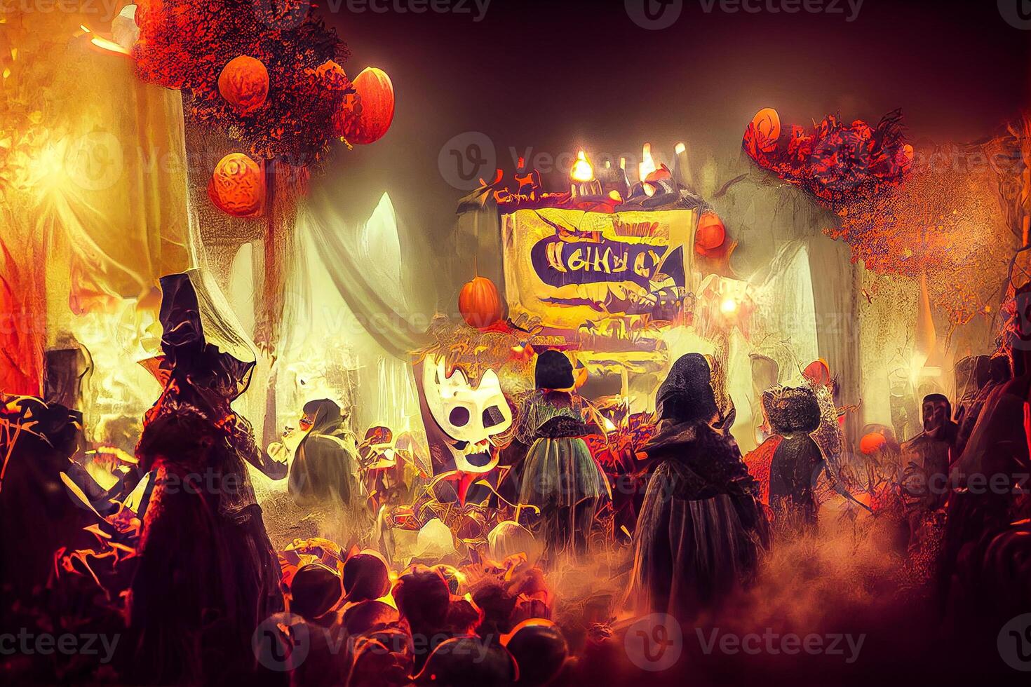 generativo ai illustrazione di colorato Halloween interno festa, bambini giocando su notte Halloween strada, raccapricciante castello, americano Quartiere sfondo. digitalmente generato Immagine. foto