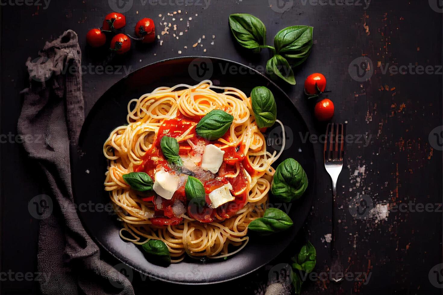 generativo ai illustrazione di gustoso appetitoso classico italiano spaghetti pasta con pomodoro salsa, formaggio parmigiano e basilico su piatto su buio tavolo. Visualizza a partire dal sopra foto