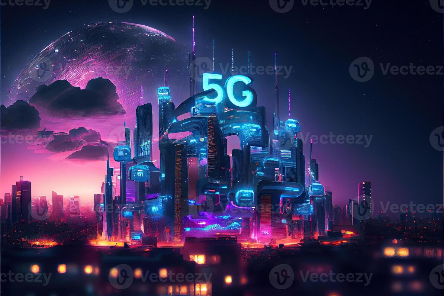 generativo ai illustrazione di futuristico città a notte, 5g Internet Rete senza fili sistemi e Internet di le cose, inteligente città e comunicazione Rete concetto. foto