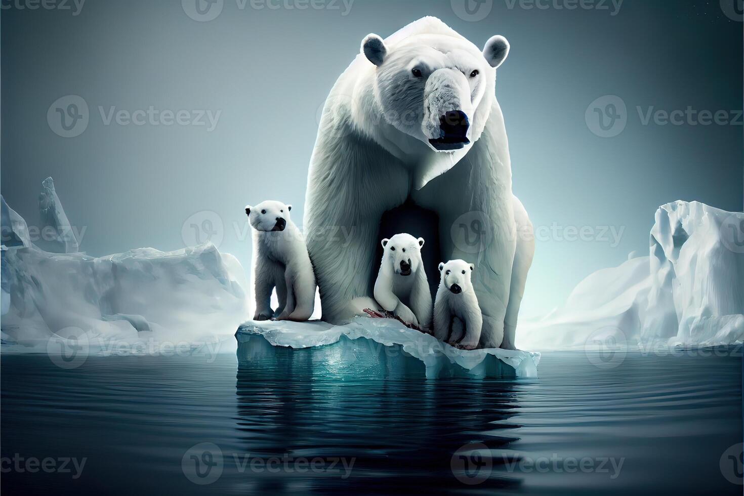 generativo ai illustrazione di famiglia bianca orso su iceberg, aurora cielo foto