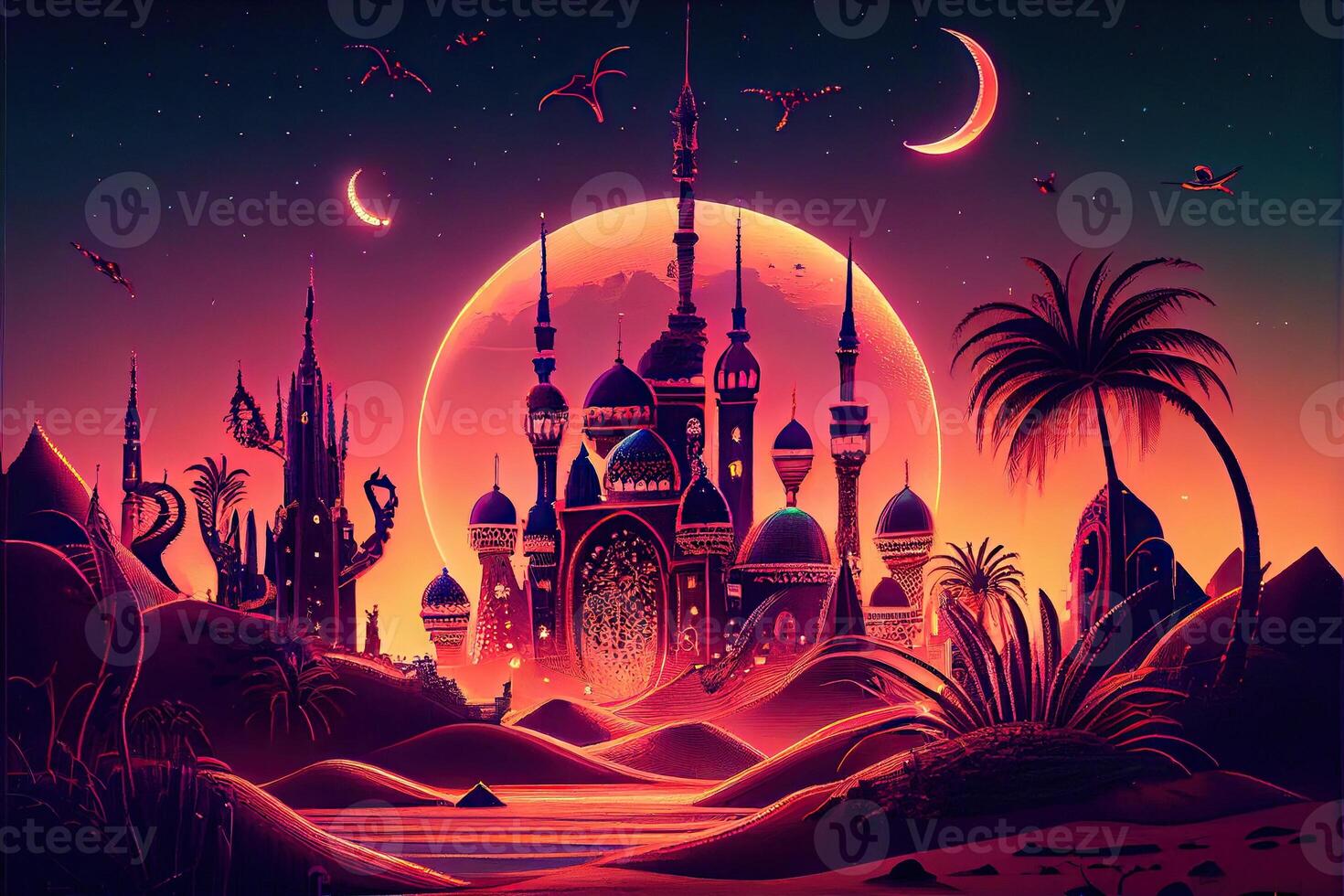 generativo ai illustrazione di Fata - racconto arabo notte città con torri e cozze. notte neon orientale città. fantasia urbano Arabo paesaggio foto
