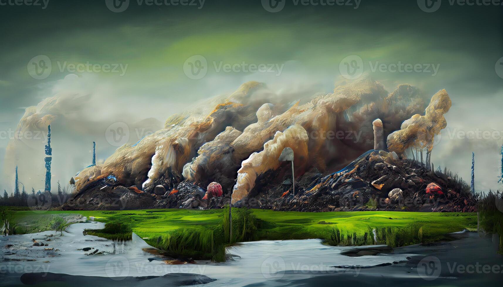generativo ai illustrazione di paesaggio con ecologico disastro. inquinata terra e oceano foto