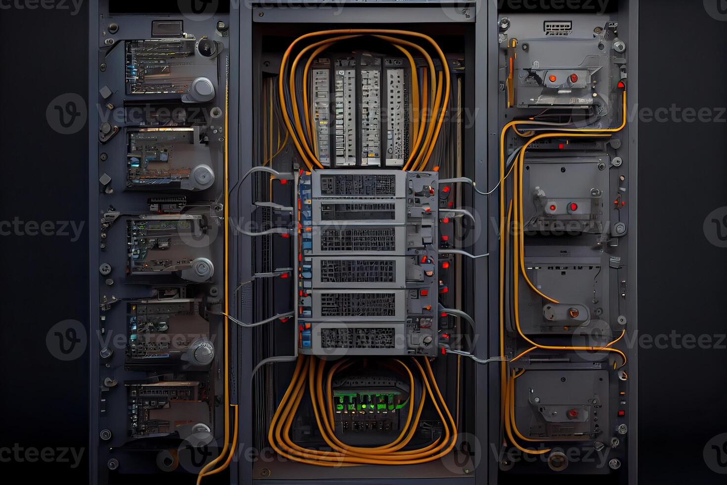 generativo ai illustrazione di un' piattaforma per ospitando contemporaneo Internet Contenuti. cremagliera alloggiamento server dati Conservazione hardware. il attrezzatura nel il dati centro è collegato di un' lotto di Rete cavi foto