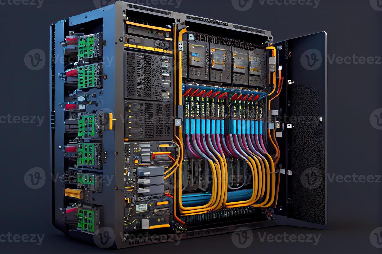 generativo ai illustrazione di un' piattaforma per ospitando contemporaneo Internet Contenuti. cremagliera alloggiamento server dati Conservazione hardware. il attrezzatura nel il dati centro è collegato di un' lotto di Rete cavi foto