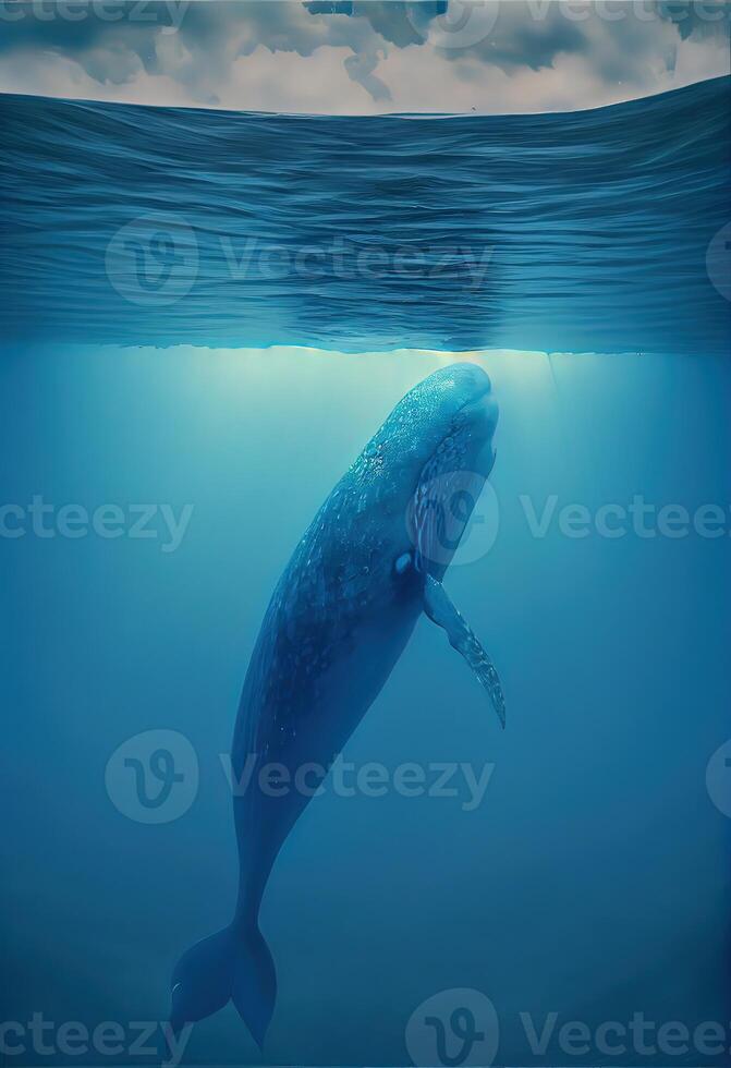 generativo ai illustrazione di blu balena sotto acqua, oceano foto