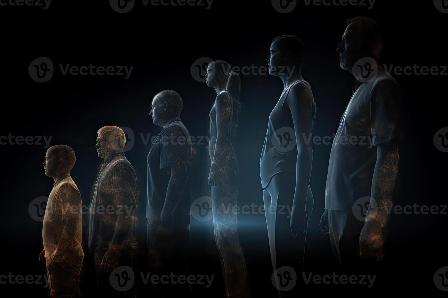 diverso generazioni di famiglia In piedi insieme contro buio astratto sfondo. generativo ai foto